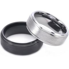 **COI Tungsten Carbide Black/Silver Sandblasted Double Grooves Ring-9302DD