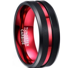 **COI Tungsten Carbide Black Red Center Groove Beveled Edges Ring-9309DD