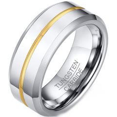 **COI Tungsten Carbide Gold Tone Silver Center Groove Beveled Edges Ring-9338