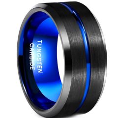 **COI Tungsten Carbide Black Blue 10mm Center Groove Beveled Edges Ring-9345