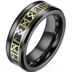 **COI Tungsten Carbide Black Gold Tone Beveled Edges Ring With Runes-9350DD