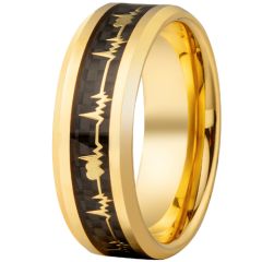 **COI Gold Tone Tungsten Carbide Heartbeat & Heart Beveled Edges Ring With Carbon Fiber-9358DD