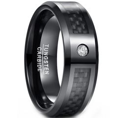**COI Black Tungsten Carbide Carbon Fiber Beveled Edges Ring With Cubic Zirconia-9387AA
