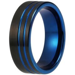 **COI Tungsten Carbide Black Blue Offset Double Grooves Pipe Cut Flat Ring-9707DD