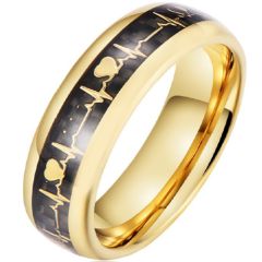 **COI Gold Tone Tungsten Carbide Heartbeat & Heart Dome Court Ring With Carbon Fiber-9708DD