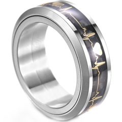 **COI Tungsten Carbide Gold Tone Heartbeat & Heart Beveled Edges Ring With Carbon Fiber-9730DD