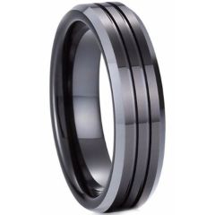 **COI Tungsten Carbide Black Silver Double Grooves Beveled Edges Ring-9736DD