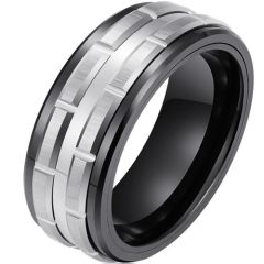 **COI Tungsten Carbide Black Silver Tire Tread Brick Pattern Ring-9739DD