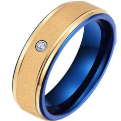 **COI Tungsten Carbide Blue Gold Tone Step Edges Ring With Cubic Zirconia-9741DD
