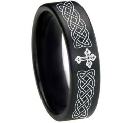 *COI Black Tungsten Carbide Cross Celtic Pipe Cut Flat Ring-1661