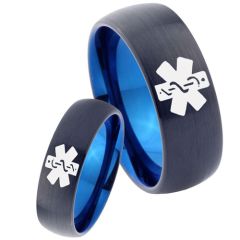 COI Tungsten Carbide Black Blue Medical Alert Beveled Edges Ring - TG2272