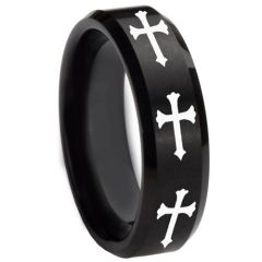 COI Black Tungsten Carbide Cross Beveled Edges Ring-TG2474CC