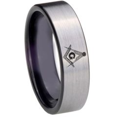COI Tungsten Carbide Black Silver Masonic Dome Court Ring-TG2967C