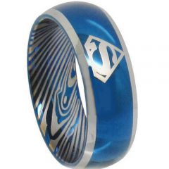 *COI Tungsten Carbide Blue Silver Super Man Damascus Ring - TG3839