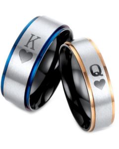 *COI Tungsten Carbide Black Blue/Rose King Queen Heart Ring-TG2875