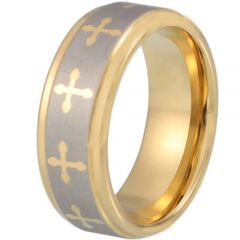 COI Gold Tone Tungsten Carbide Cross Beveled Edges Ring-TG1870