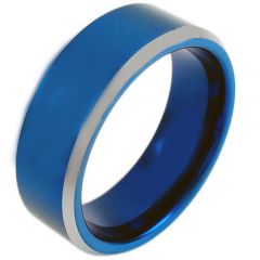 COI Tungsten Carbide Blue Silver Pipe Cut Flat Beveled Edges Ring-TG3809