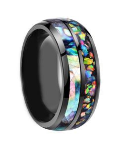 *COI Black Tungsten Carbide Crushed Opal and Abalone Shell Dome Court Ring-4257