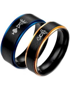 *COI Tungsten Carbide Black Rose/Blue King Queen Crown & Heart Ring-TG5053