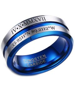 COI Tungsten Carbide Blue Silver Beveled Edges Ring With Custom Roman Numerals-5454