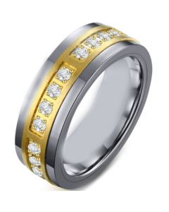 COI Tungsten Carbide Gold Tone Silver Ring With Cubic Zirconia-5497