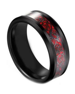 COI Tungsten Carbide Black Red Dragon Beveled Edges Ring-5617