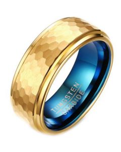COI Tungsten Carbide Gold Tone Blue Hammered Step Edges Ring-5642