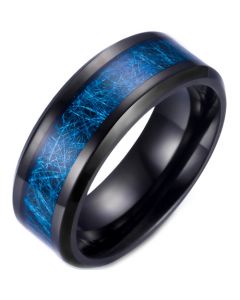 COI Black Tungsten Carbide Blue Meteorite Beveled Edges Ring-5771