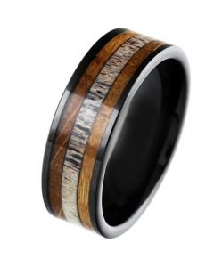 COI Black Tungsten Carbide Deer Antler & Wood Pipe Cut Flat Ring-5863