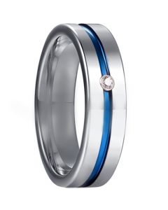 COI Tungsten Carbide Blue Silver Center Groove Ring With Cubic Zirconia-5929