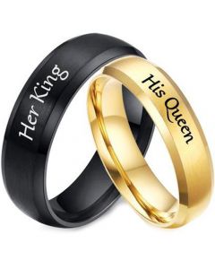 **COI Tungsten Carbide Black/Gold Tone Her King His Queen Beveled Edges Ring-5954
