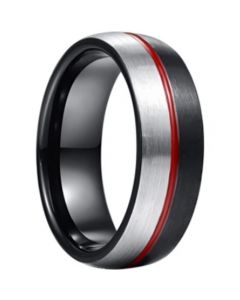 *COI Tungsten Carbide Black Red Silver Center Groove Dome Court Ring-6007