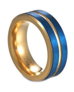 **COI Tungsten Carbide Blue Gold Tone Center Groove Beveled Edges Ring-6836