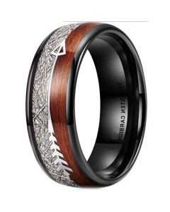**COI Black Tungsten Carbide Meteorite & Wood Ring With Arrows-6997AA