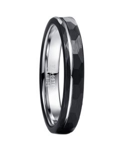 **COI Tungsten Carbide Black Silver Offset Groove Hammered Ring-7283AA