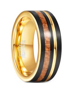 **COI Tungsten Carbide Black Gold Tone Wood Pipe Cut Flat Ring-7285AA