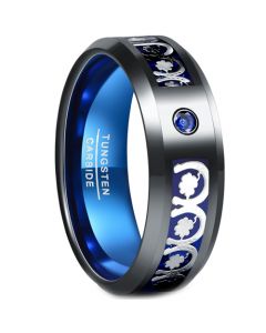 **COI Tungsten Carbide Black Blue Horseshoe & Clover Ring With Created Blue Sapphire-7286AA