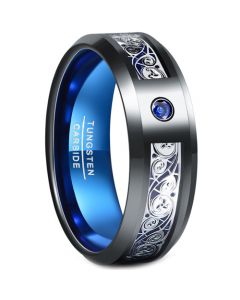 **COI Tungsten Carbide Black Blue Celtic Ring With Created Blue Sapphire-7287AA