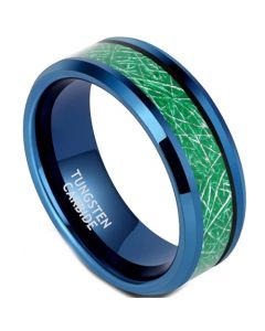 **COI Blue Tungsten Carbide Beveled Edges Ring With Green Meteorite-7362BB