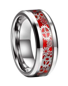 **COI Tungsten Carbide Gears Beveled Edges Ring With Red Carbon Fiber-7363BB
