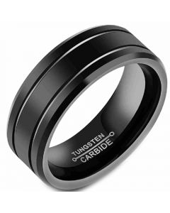 **COI Black Tungsten Carbide Double Grooves Beveled Edges Ring-7489CC