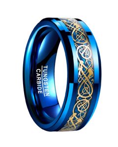 **COI Tungsten Carbide Blue Gold Tone Dragon Beveled Edges Ring-7506CC