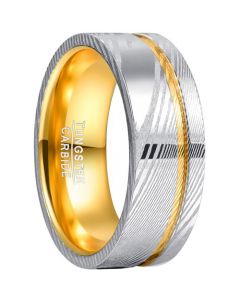 **COI Tungsten Carbide Gold Tone Silver Offset Groove Damascus Pipe Cut Flat Ring-7726CC