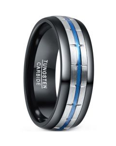 **COI Tungsten Carbide Black Blue Silver Grooves Dome Court Ring-7867DD