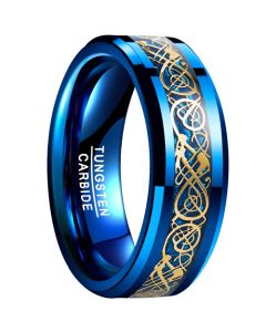 **COI Blue Tungsten Gold Tone Dragon Beveled Edges Ring-7918DD