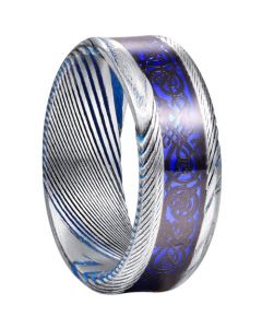 COI Tungsten Carbide Blue Silver Dragon Damascus Beveled Edges Ring-5827