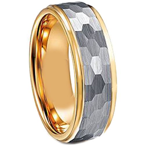 COI Tungsten Carbide Gold Tone Silver Hammered Step Edges Ring-TG1955AA