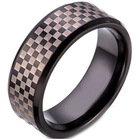 COI Black Tungsten Carbide Checkered Flag Beveled Edges Ring-TG5257