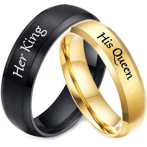 **COI Tungsten Carbide Black/Gold Tone Her King His Queen Beveled Edges Ring-5954