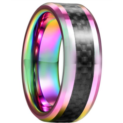 *COI Tungsten Carbide Rainbow Pride Beveled Edges Ring With Carbon Fiber-6008